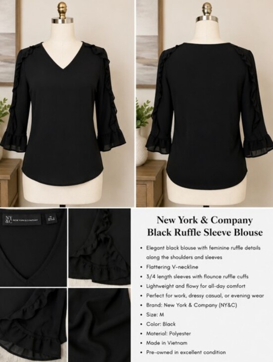 New York & Company Tops - New York & Company Black Ruffle Sleeve V-neck Blouse M